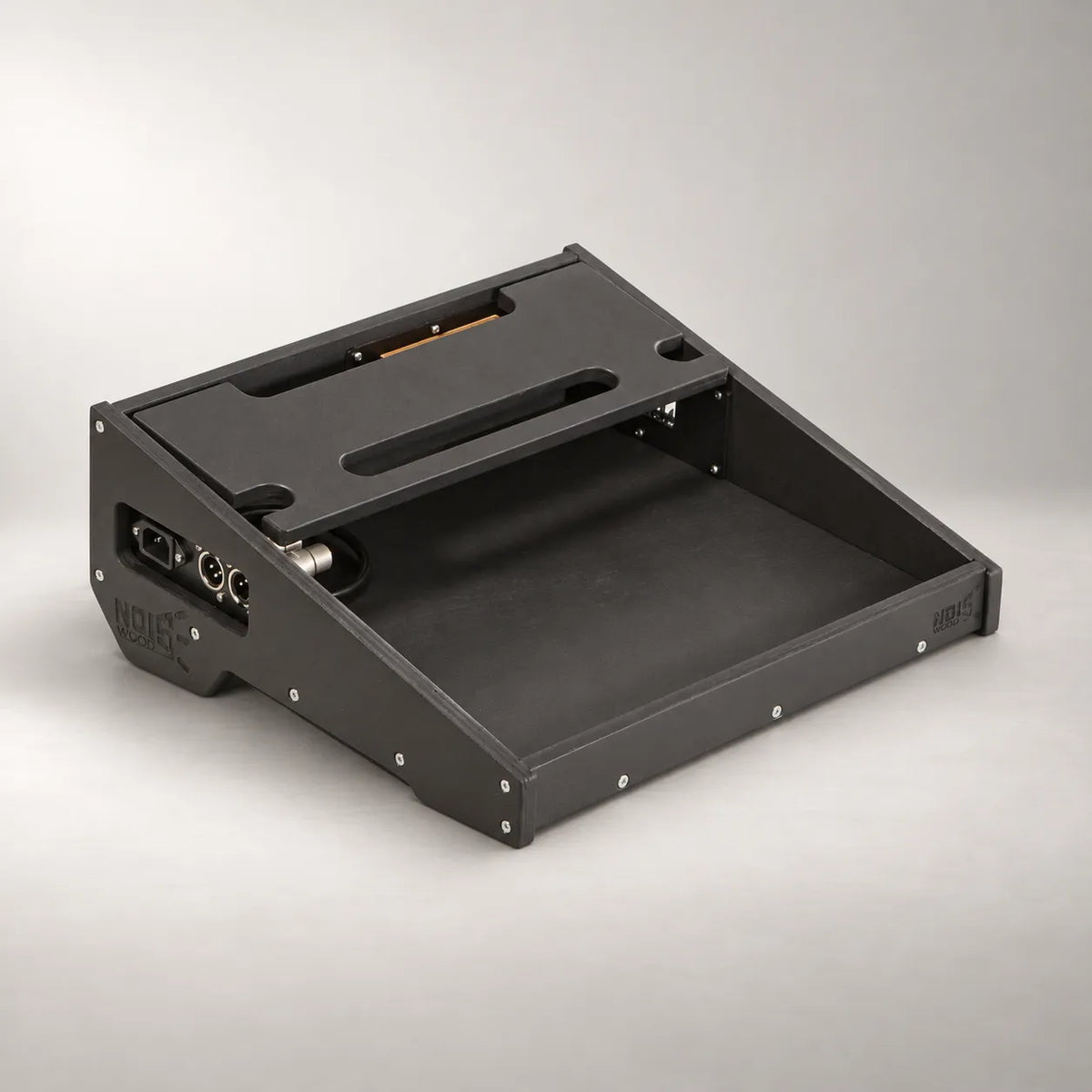 Core D340/350-QC Stealth Black wooden pedalboard, three-quarter view from the left