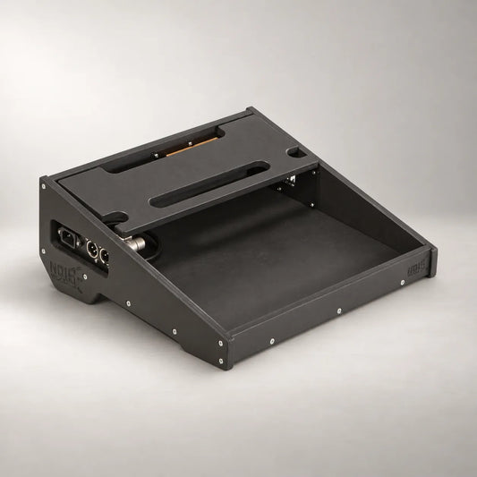 Core D340/350-QC Stealth Black wooden pedalboard, three-quarter view from the left