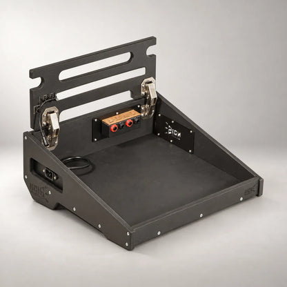 Core D340/350-QC Stealth Black pedalboard with the top deck lifted, showing the internal connection panel
