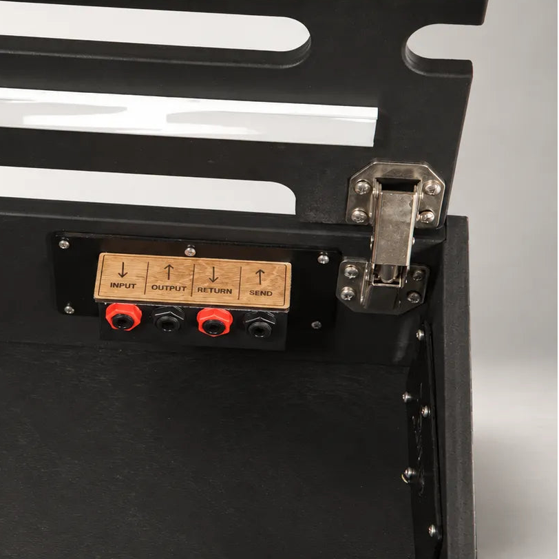 Engraved connection labels on the inside of the rear panel of a Core D340/350-QC Stealth Black pedalboard