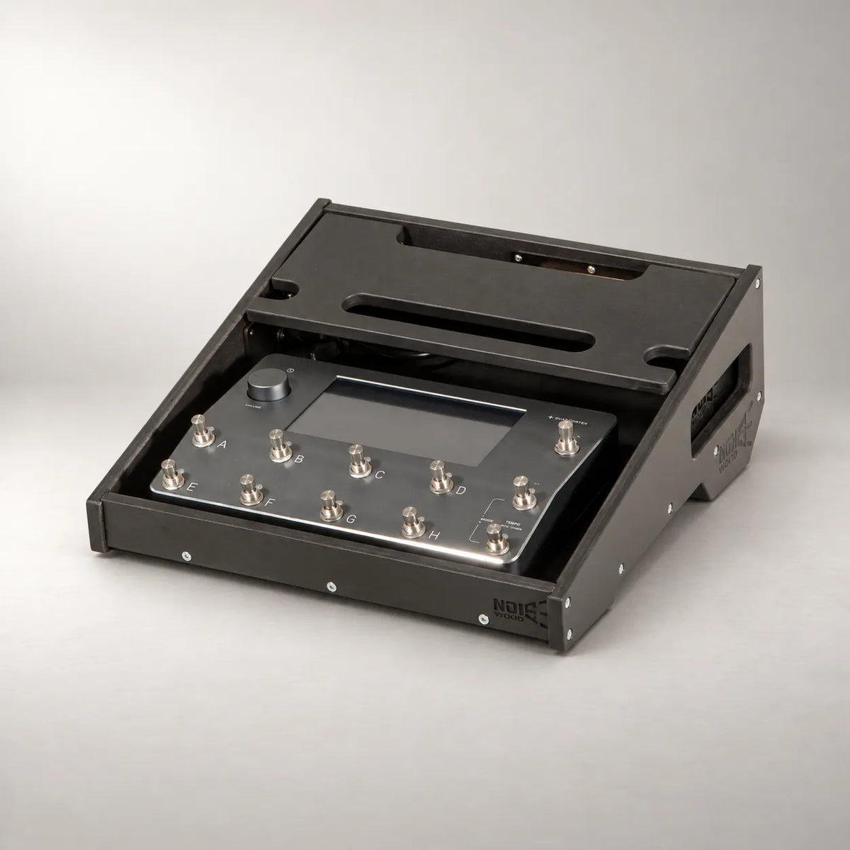 Core D340/350-QC Stealth Black pedalboard in three-quarter view with a Neural DSP Quad Cortex