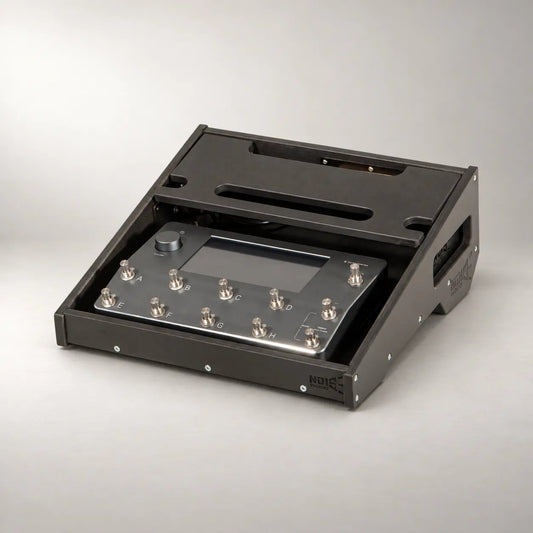 Core D340/350-QC Stealth Black pedalboard in three-quarter view with a Neural DSP Quad Cortex
