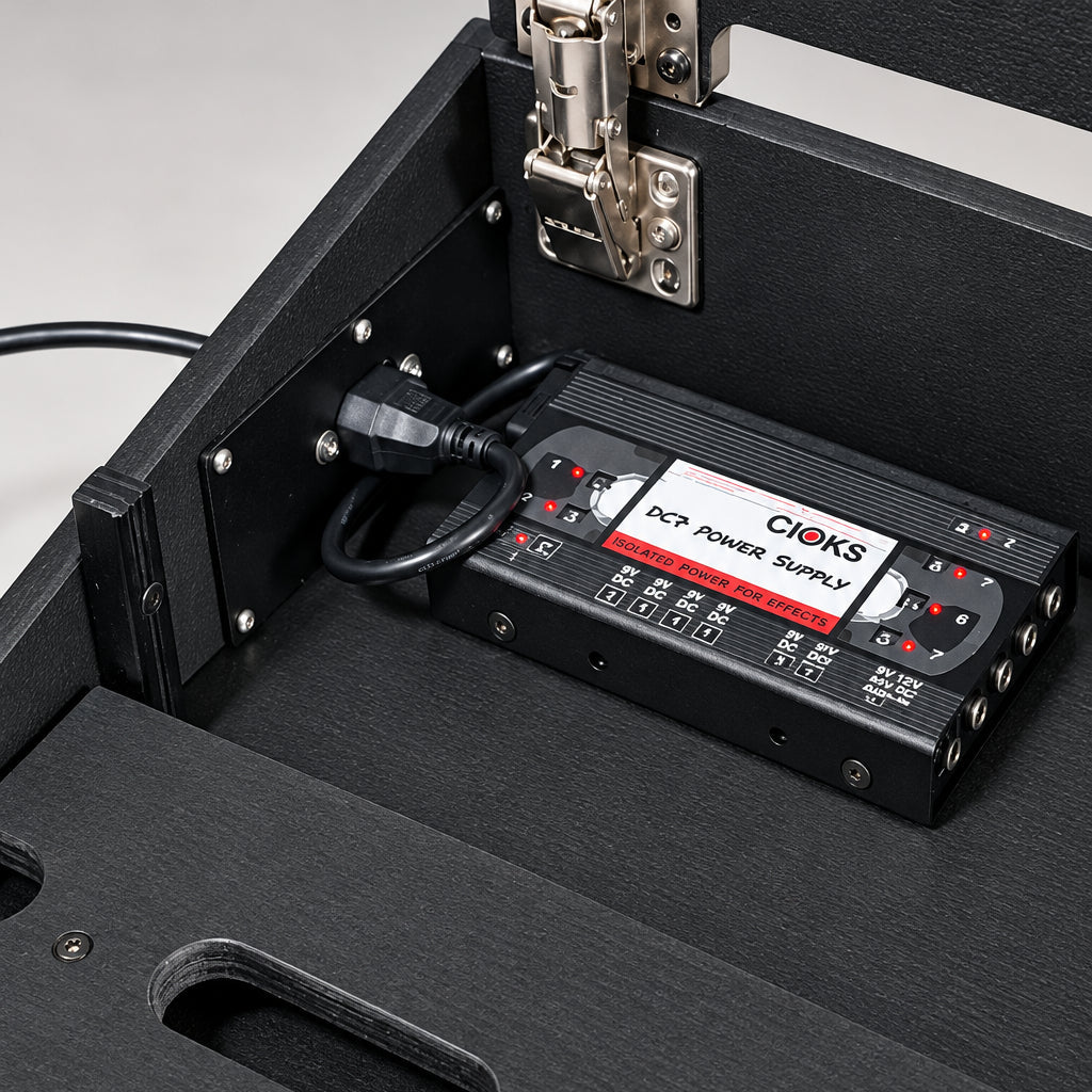 Power supply mounted under the top deck of a Core D340/450 Stealth Black pedalboard, wired to the internal 230V cable