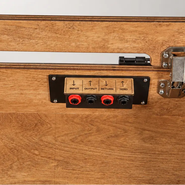 Inside of the rear panel of the Noisewood Noble D340/450-TM pedalboard with four TRS jacks and engraved input, output, return and send labels