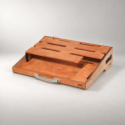 Noble D460/600 duo-colour wooden pedalboard, front three-quarter view