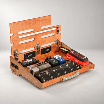Noble D460/600 duo-colour pedalboard with the top deck lifted, showing the pedals stored underneath