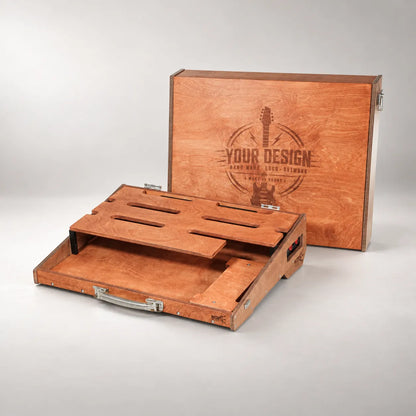 Noble D460/600 duo-colour pedalboard with its engraved protective lid standing beside it