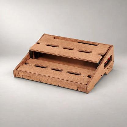 Studio D340/450 Walnut wooden pedalboard, front three-quarter view
