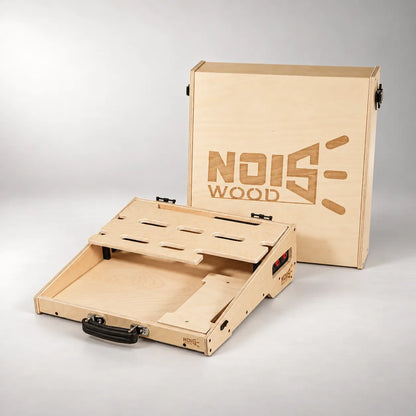Tour D460/450 Natural Birch pedalboard with its engraved protective lid standing beside it